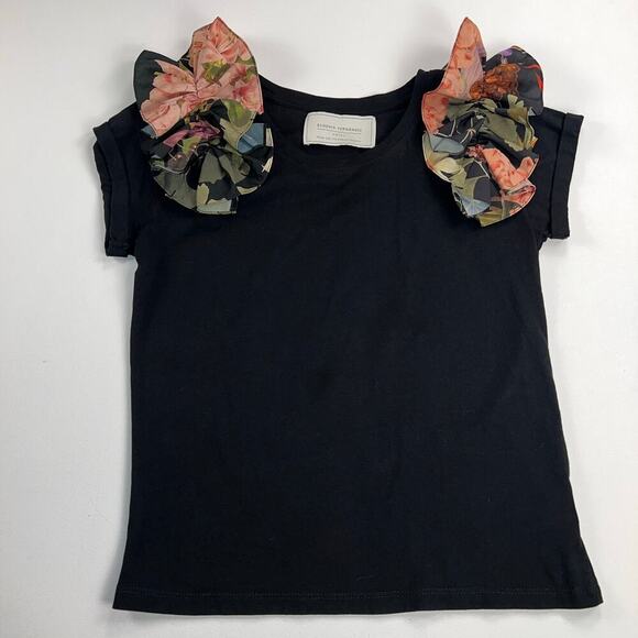 Eugenia Fernandez Floral Ruffle Shoulder Black Statement T-Shirt  Size S - Picture 4 of 10